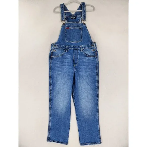 Wrangler Overalls Womens Large Blue Denim Bibs Straight Leg Medium Wash Jean - Picture 1 of 11